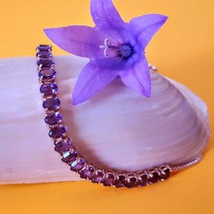 Natural Purple Amethyst 14K Pink Gold on 925 Sterling Silver Bracelet 10"